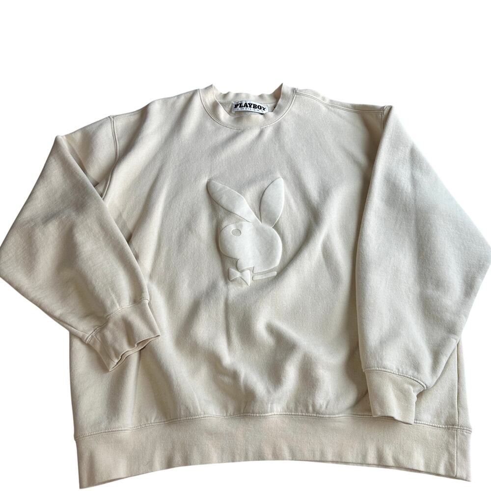 Playboy x PacSun Men’s Puffy Logo Crewneck Sweatshirt Cream Beige Minimalist- XL